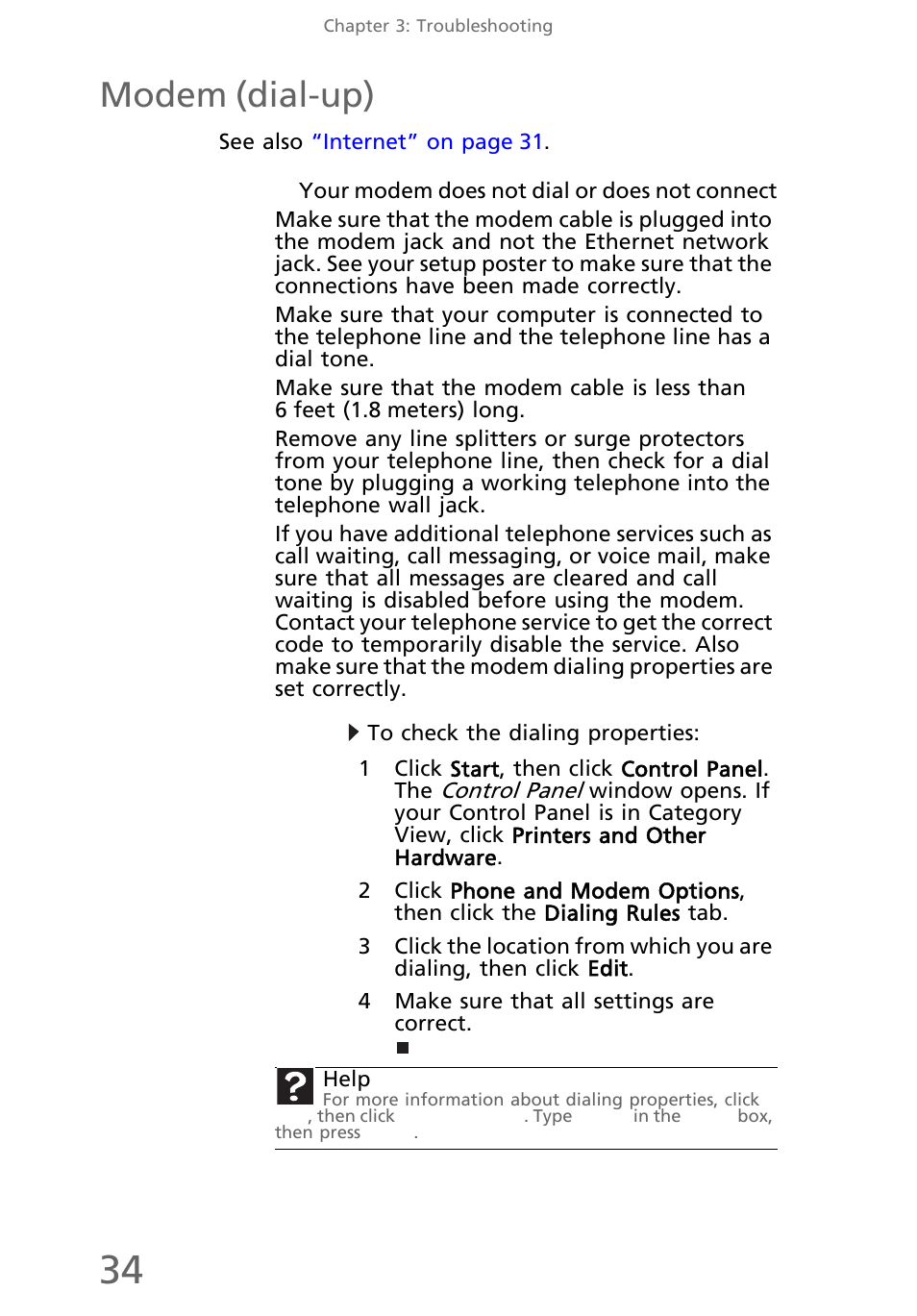 Modem (dial-up), Your modem does not dial or does not connect, To check the dialing properties | eMachines EL1200 Series User Manual | Page 44 / 82