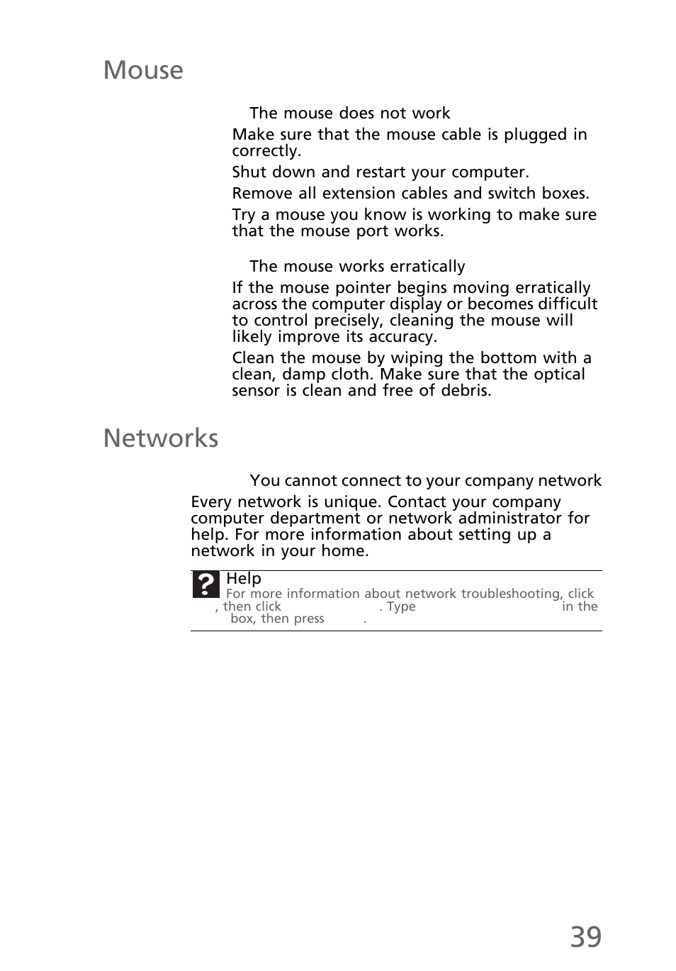 Mouse, The mouse does not work, The mouse works erratically | Networks, You cannot connect to your company network | eMachines EL1200 Series User Manual | Page 49 / 82