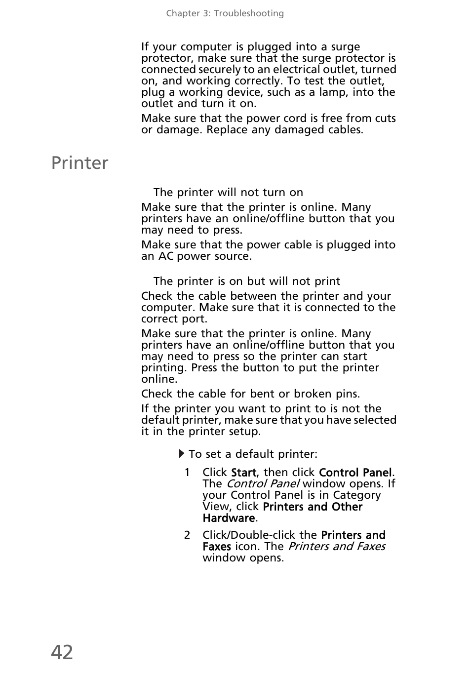 Printer, The printer will not turn on, The printer is on but will not print | To set a default printer | eMachines EL1200 Series User Manual | Page 52 / 82