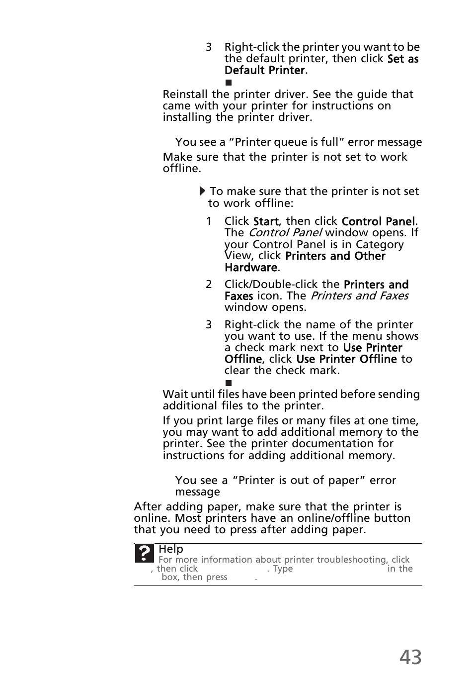 You see a “printer queue is full” error message, You see a “printer is out of paper” error message | eMachines EL1200 Series User Manual | Page 53 / 82