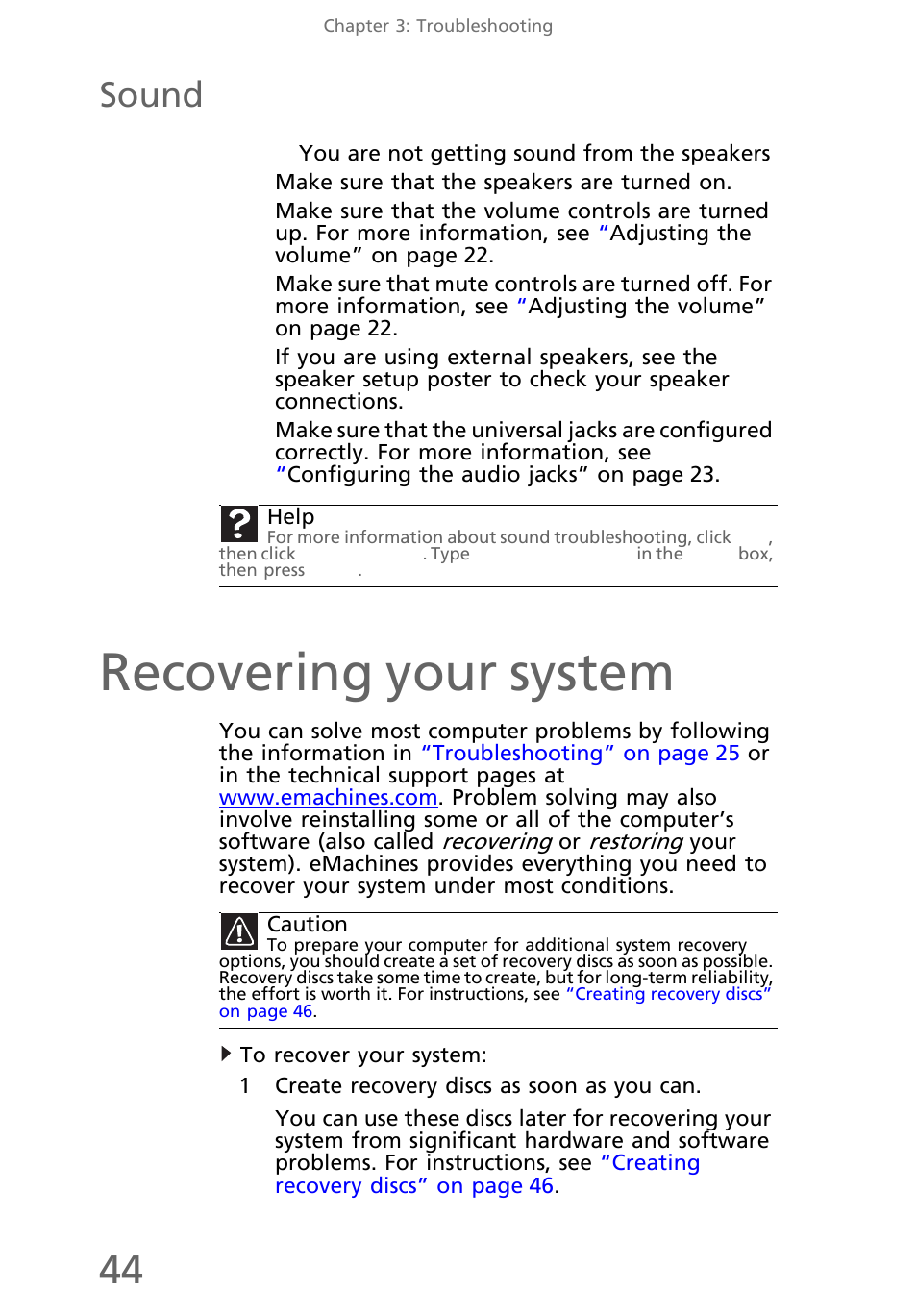 Sound, You are not getting sound from the speakers, Recovering your system | To recover your system | eMachines EL1200 Series User Manual | Page 54 / 82