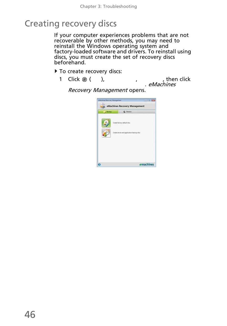 Creating recovery discs, To create recovery discs, Creating | eMachines EL1200 Series User Manual | Page 56 / 82