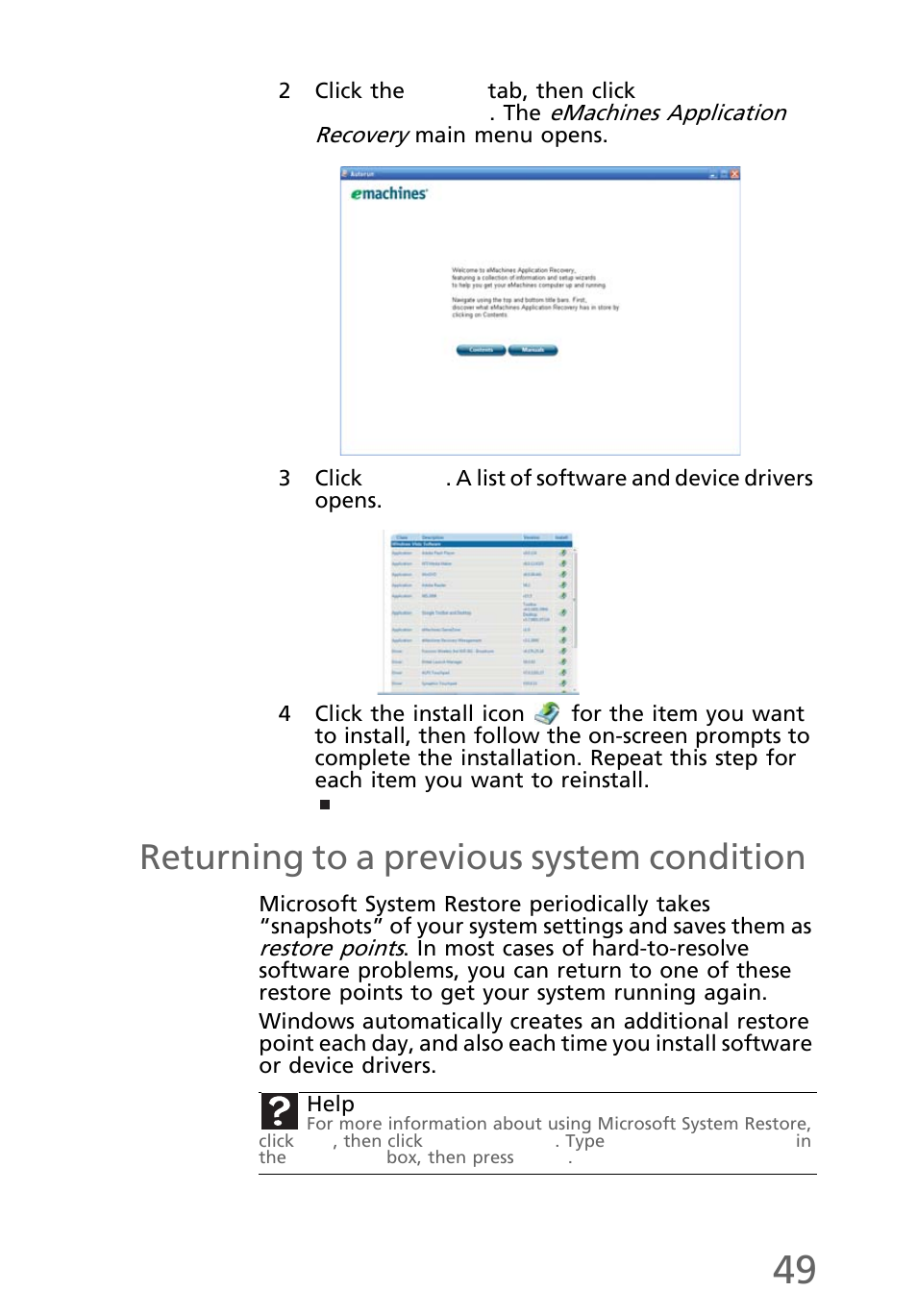 Returning to a previous system condition, Returning to a previous system condition” on | eMachines EL1200 Series User Manual | Page 59 / 82