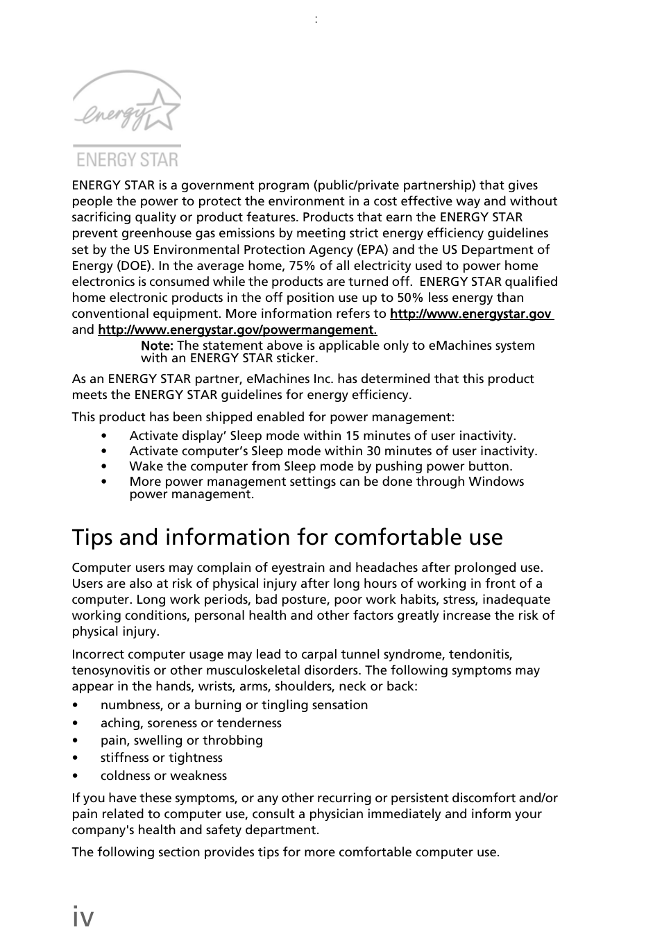 Tips and information for comfortable use | eMachines EL1200 Series User Manual | Page 6 / 82