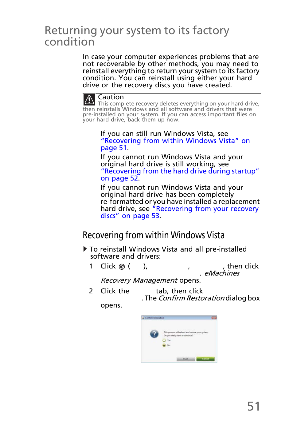 Returning your system to its factory condition, Recovering from within windows vista, Returning your system to its factory | eMachines EL1200 Series User Manual | Page 61 / 82
