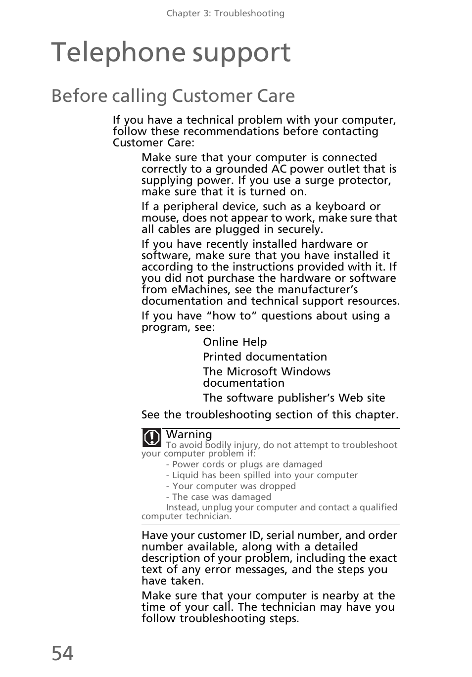 Telephone support, Before calling customer care | eMachines EL1200 Series User Manual | Page 64 / 82