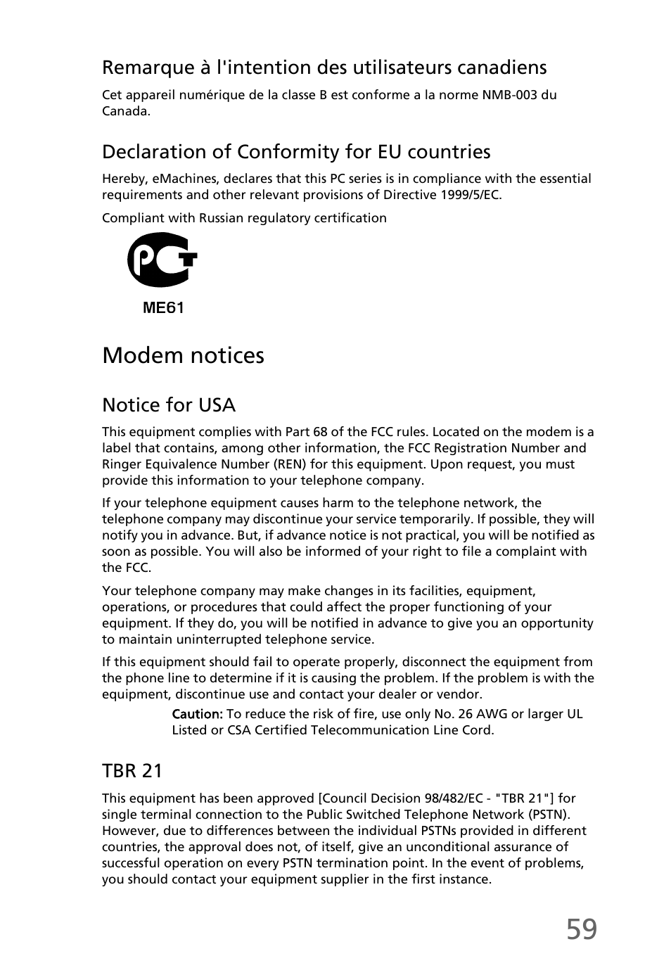 Modem notices | eMachines EL1200 Series User Manual | Page 69 / 82