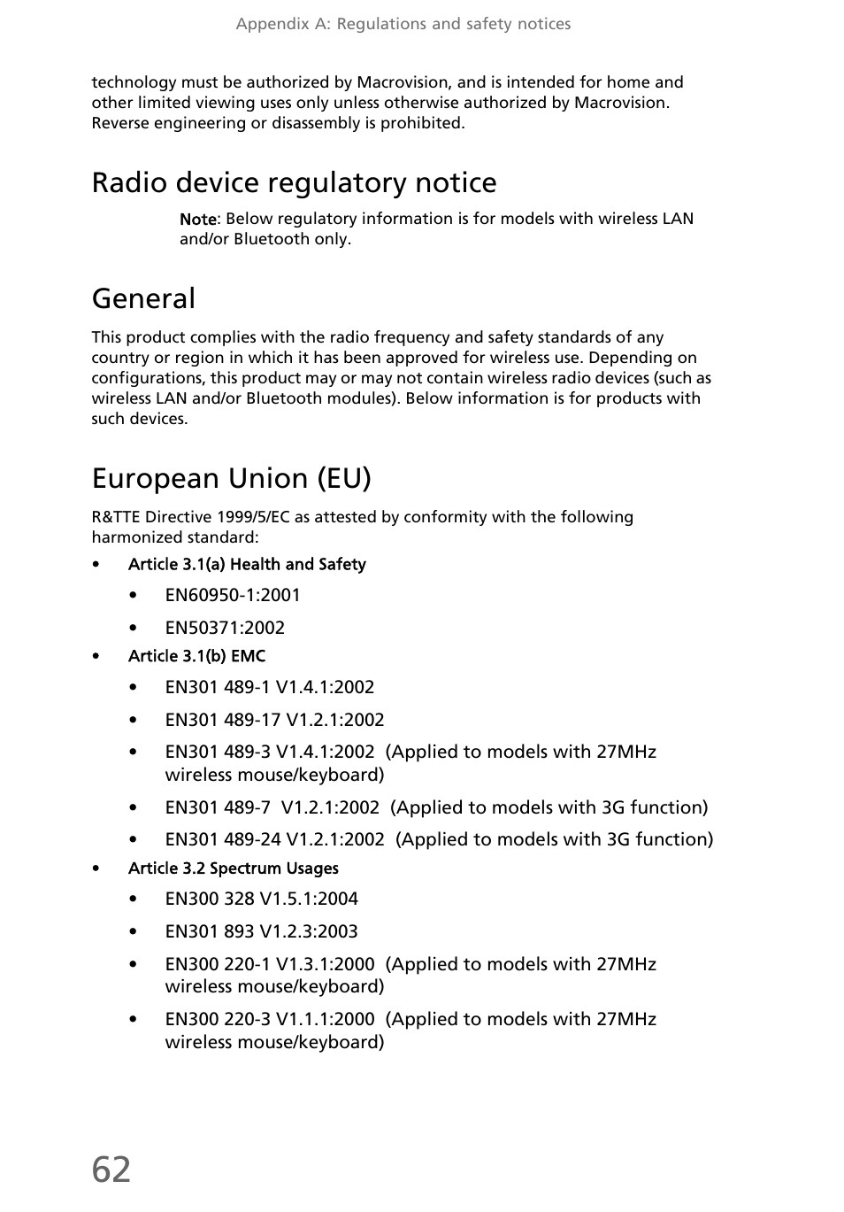 Radio device regulatory notice, General, European union (eu) | eMachines EL1200 Series User Manual | Page 72 / 82