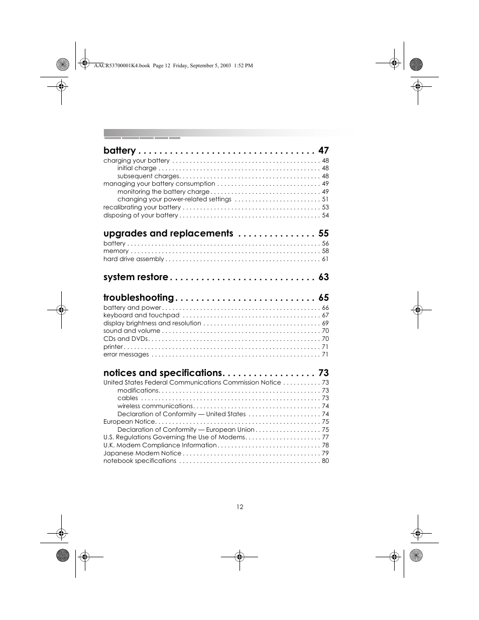 Battery, Upgrades and replacements, System restore troubleshooting | Notices and specifications | eMachines Notebooks User Manual | Page 12 / 78