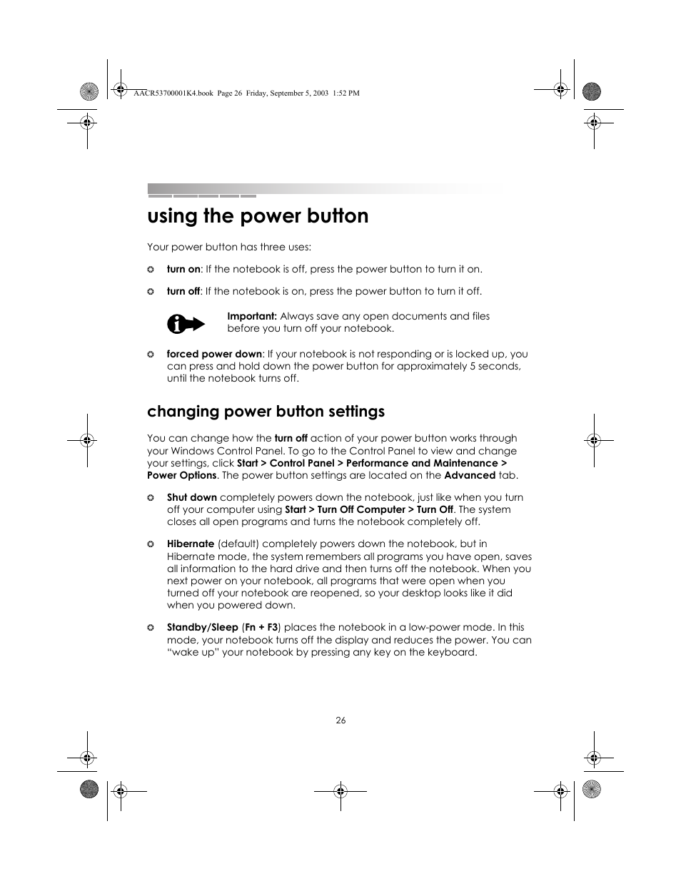 Using the power button, Changing power button settings | eMachines Notebooks User Manual | Page 25 / 78