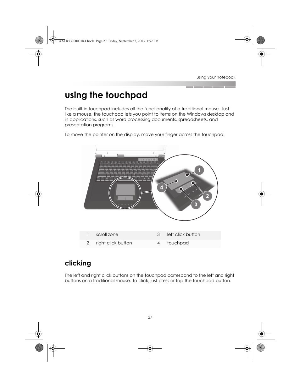 Using the touchpad, Clicking | eMachines Notebooks User Manual | Page 26 / 78