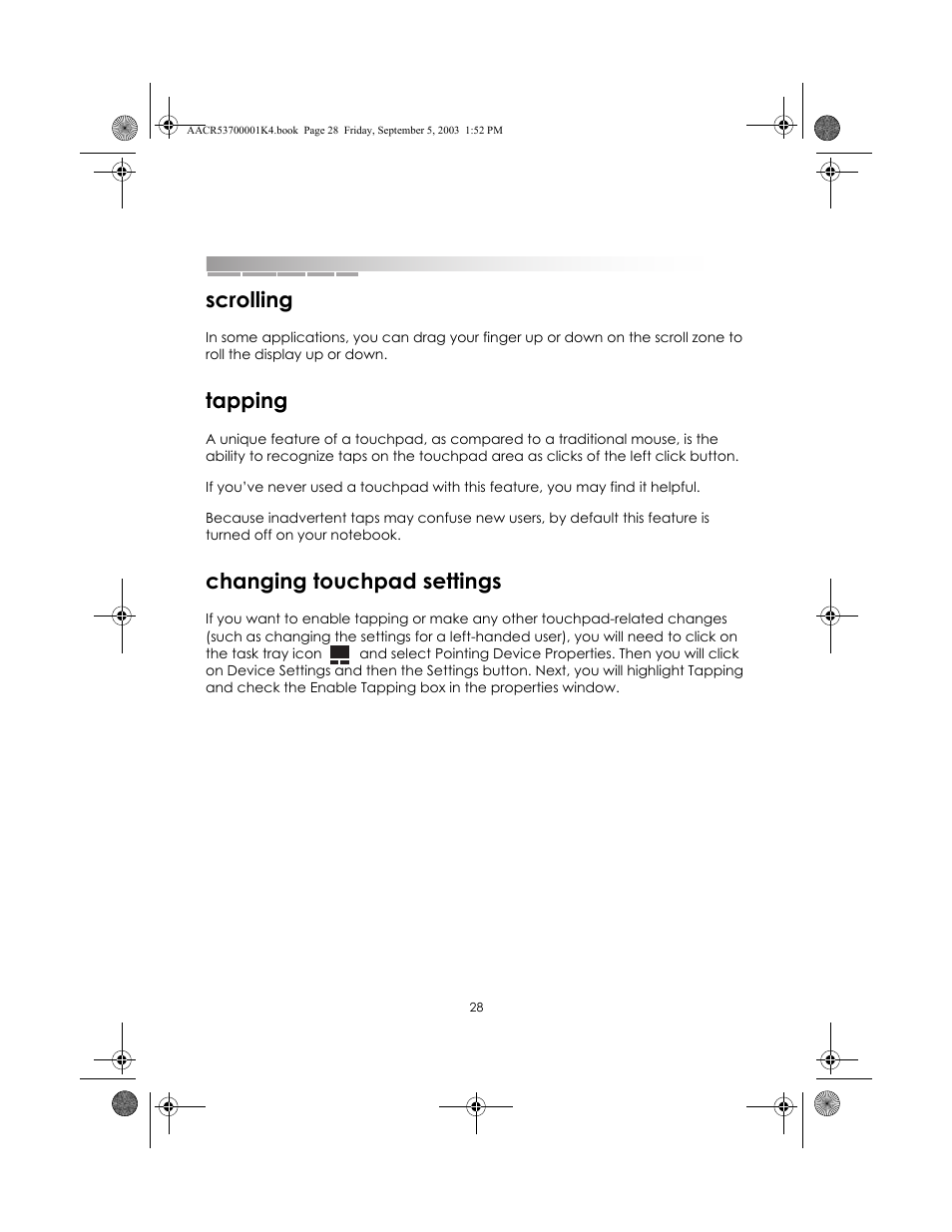 Scrolling, Tapping, Changing touchpad settings | Scrolling tapping changing touchpad settings | eMachines Notebooks User Manual | Page 27 / 78