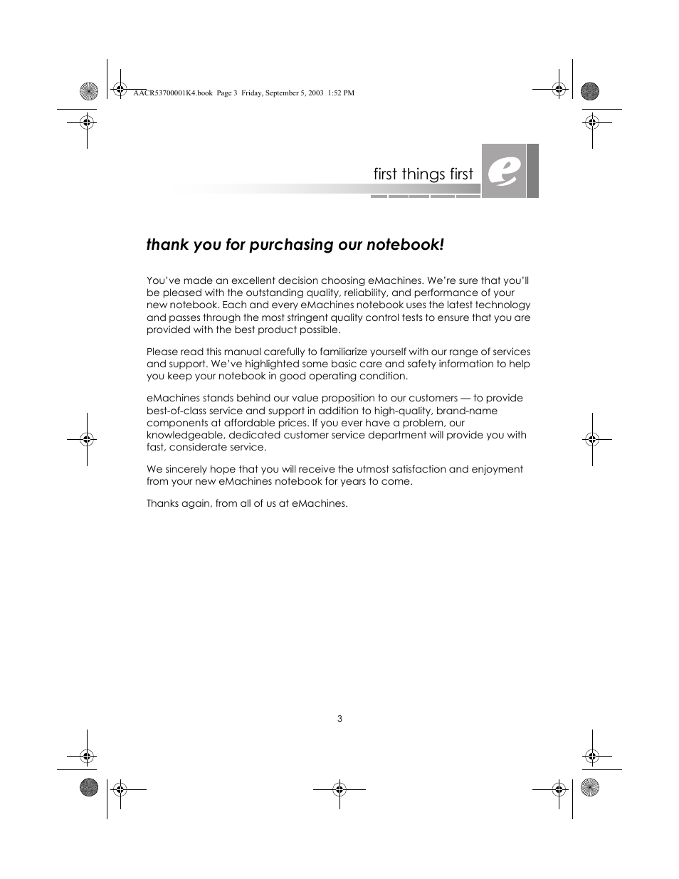 First things first | eMachines Notebooks User Manual | Page 3 / 78