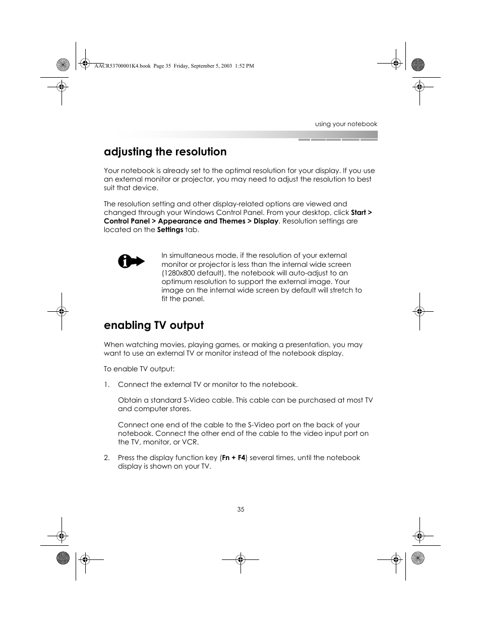 Adjusting the resolution, Enabling tv output, Adjusting the resolution enabling tv output | eMachines Notebooks User Manual | Page 34 / 78