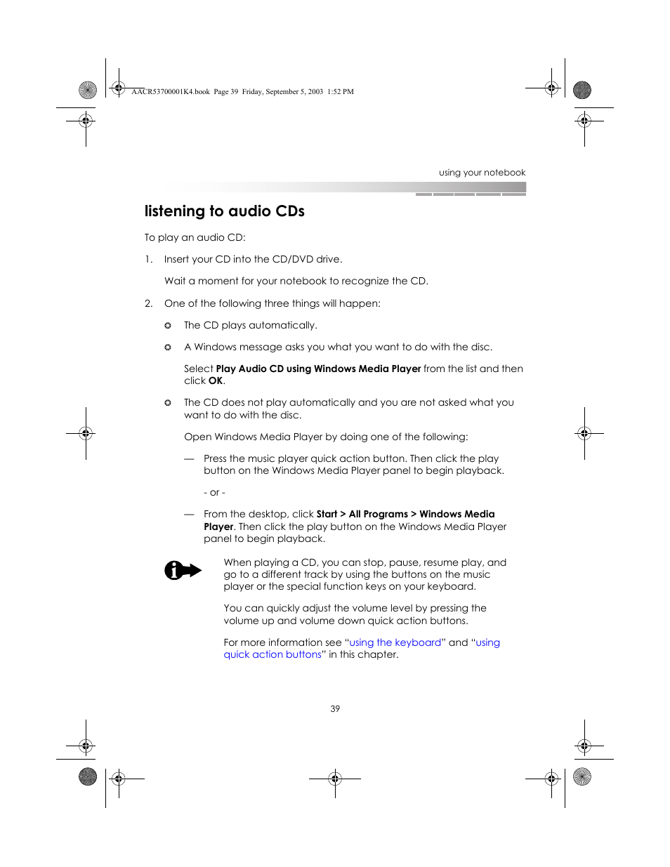 Listening to audio cds | eMachines Notebooks User Manual | Page 38 / 78