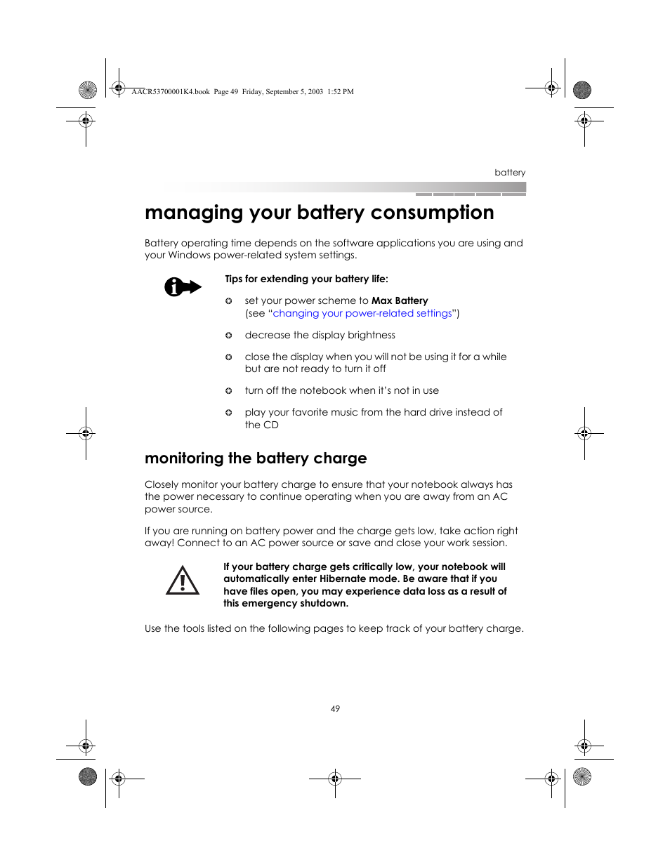 Managing your battery consumption, Monitoring the battery charge | eMachines Notebooks User Manual | Page 47 / 78