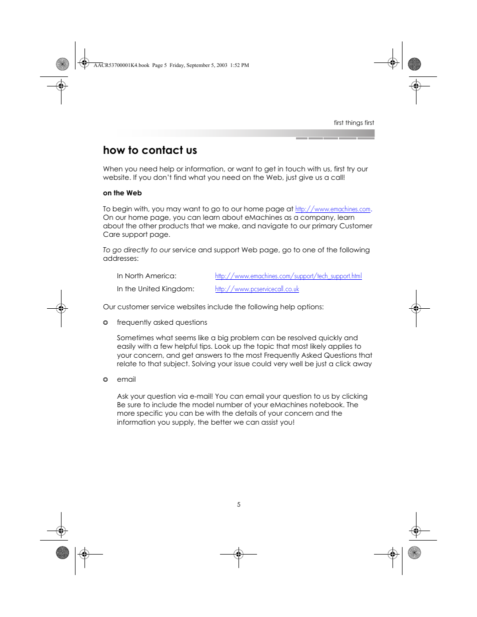 How to contact us | eMachines Notebooks User Manual | Page 5 / 78