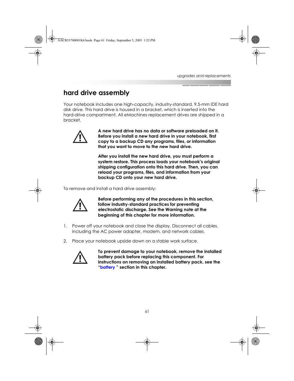 Hard drive assembly | eMachines Notebooks User Manual | Page 59 / 78