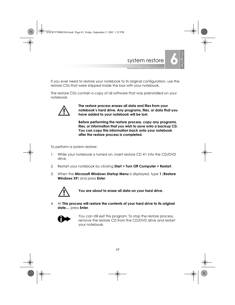System restore | eMachines Notebooks User Manual | Page 61 / 78