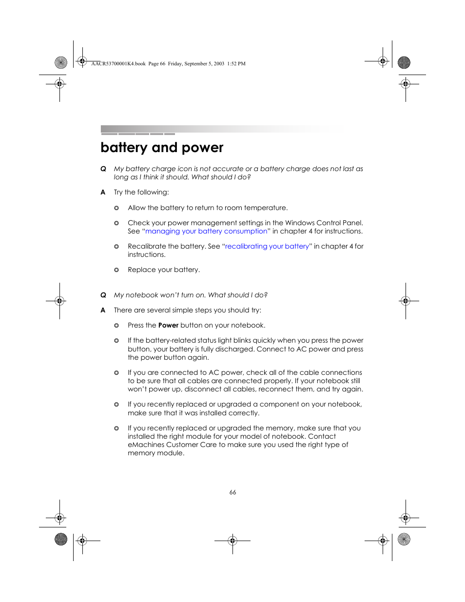 Battery and power | eMachines Notebooks User Manual | Page 64 / 78