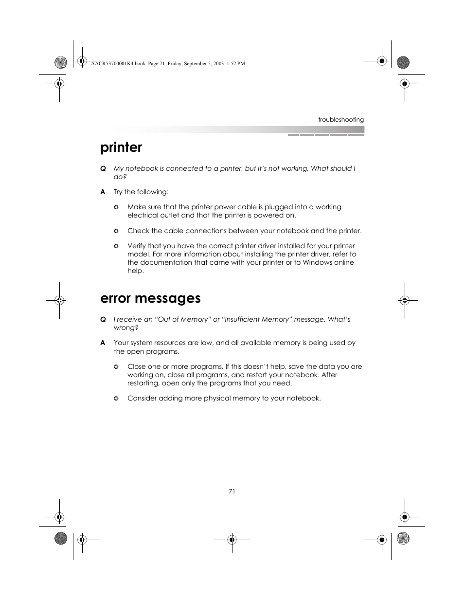 Printer, Error messages, Printer error messages | eMachines Notebooks User Manual | Page 69 / 78