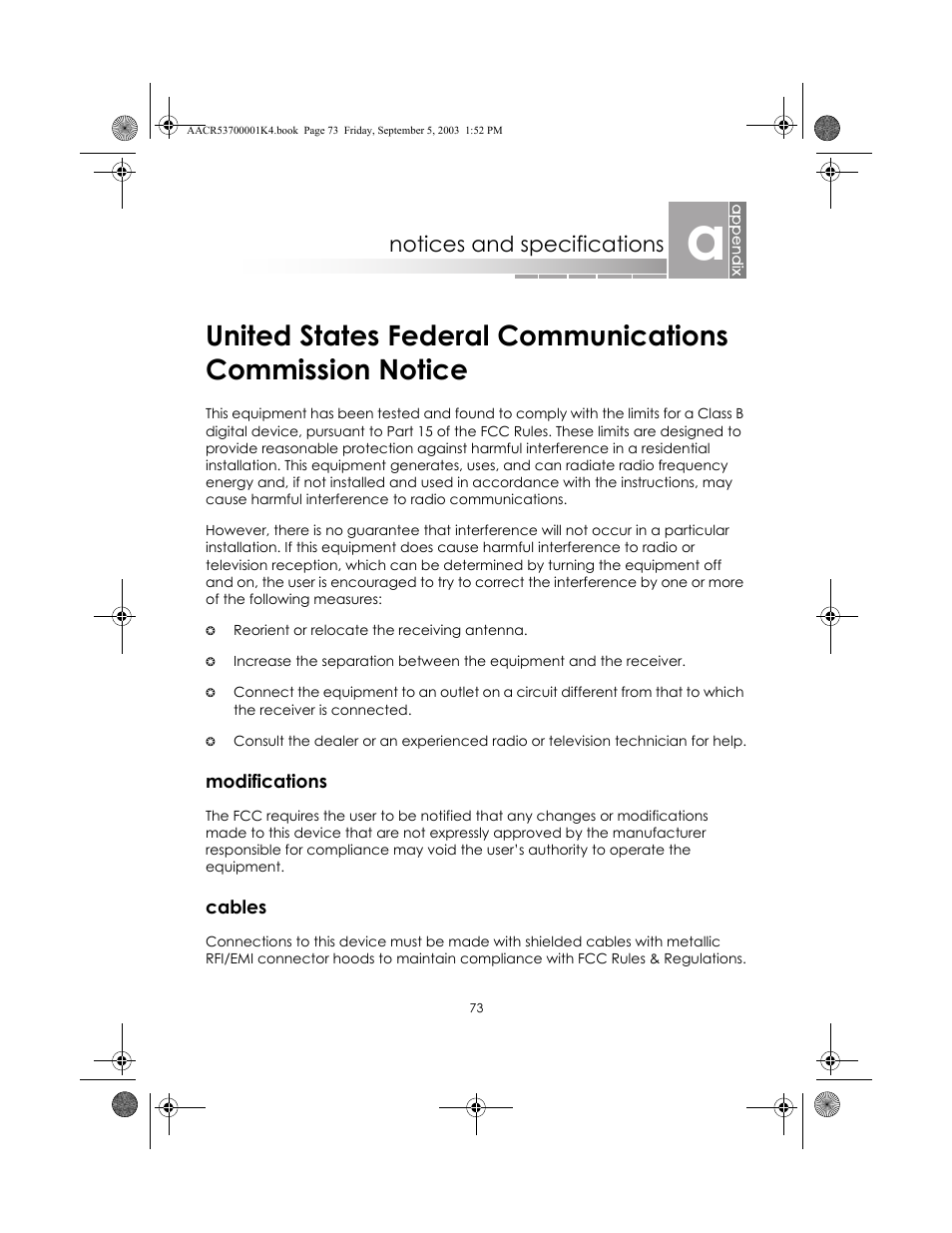 Notices and specifications, Modifications, Cables | Modifications cables | eMachines Notebooks User Manual | Page 70 / 78