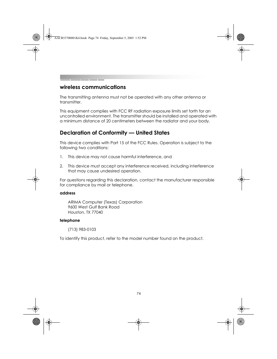 Wireless communications, Declaration of conformity - united states, Declaration of conformity — united states | eMachines Notebooks User Manual | Page 71 / 78