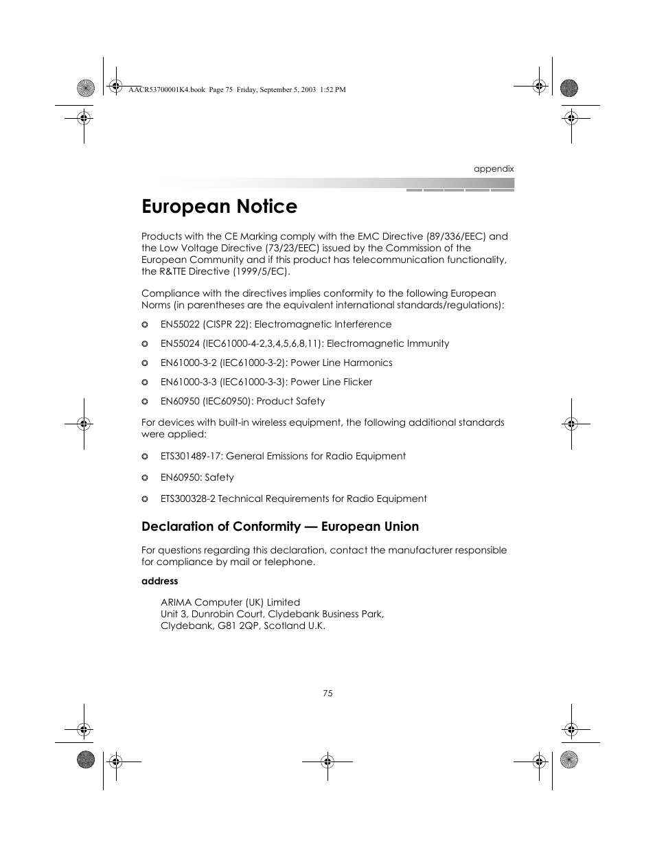 European notice, Declaration of conformity - european union, Declaration of conformity — european union | eMachines Notebooks User Manual | Page 72 / 78