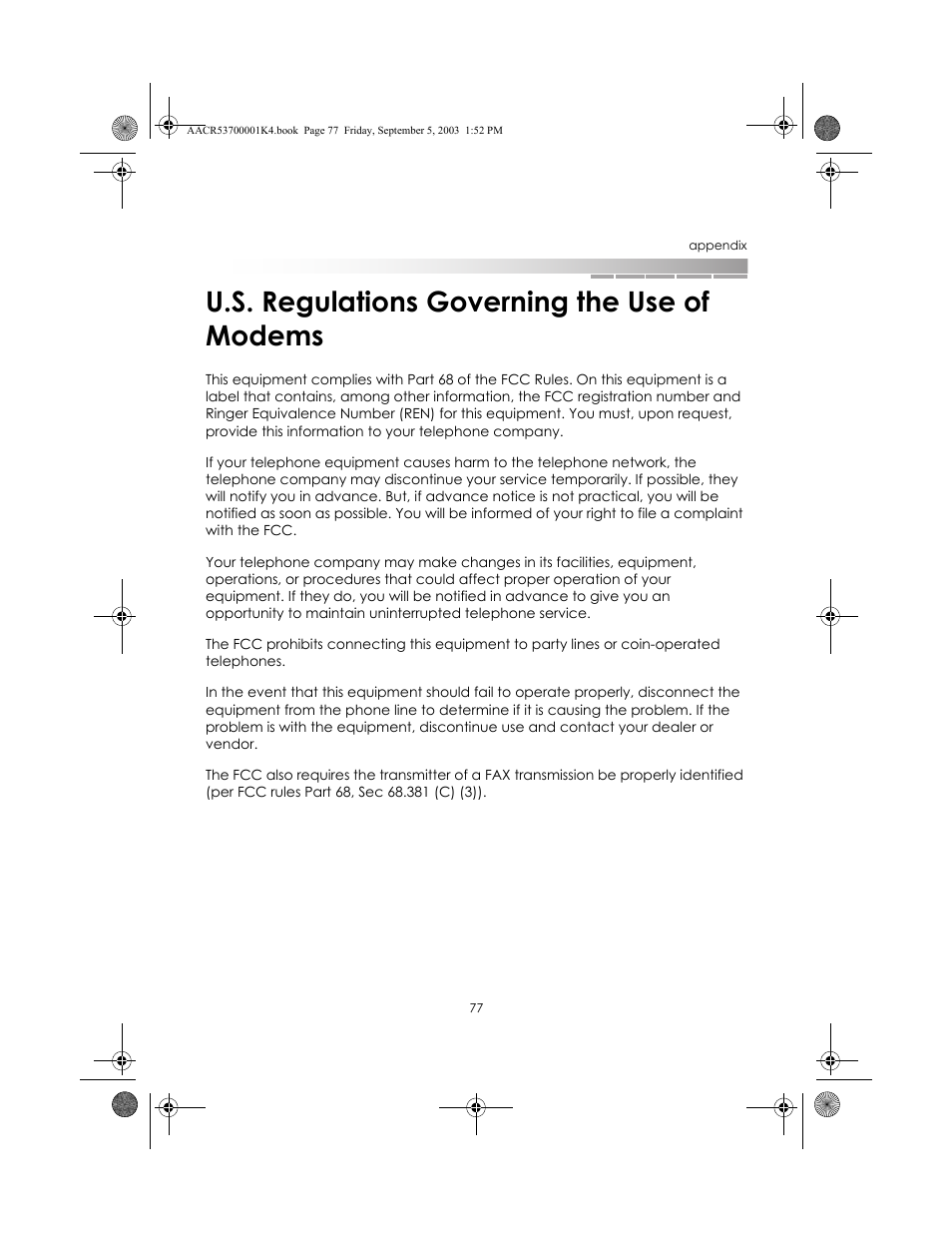 U.s. regulations governing the use of modems | eMachines Notebooks User Manual | Page 74 / 78