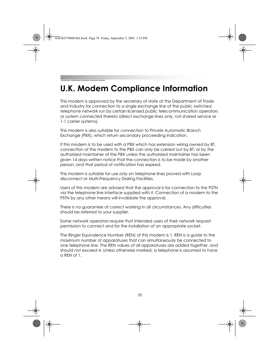 U.k. modem compliance information | eMachines Notebooks User Manual | Page 75 / 78
