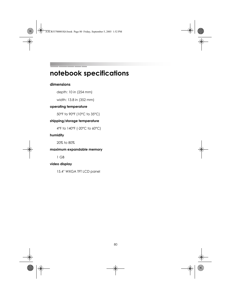 Notebook specifications | eMachines Notebooks User Manual | Page 77 / 78