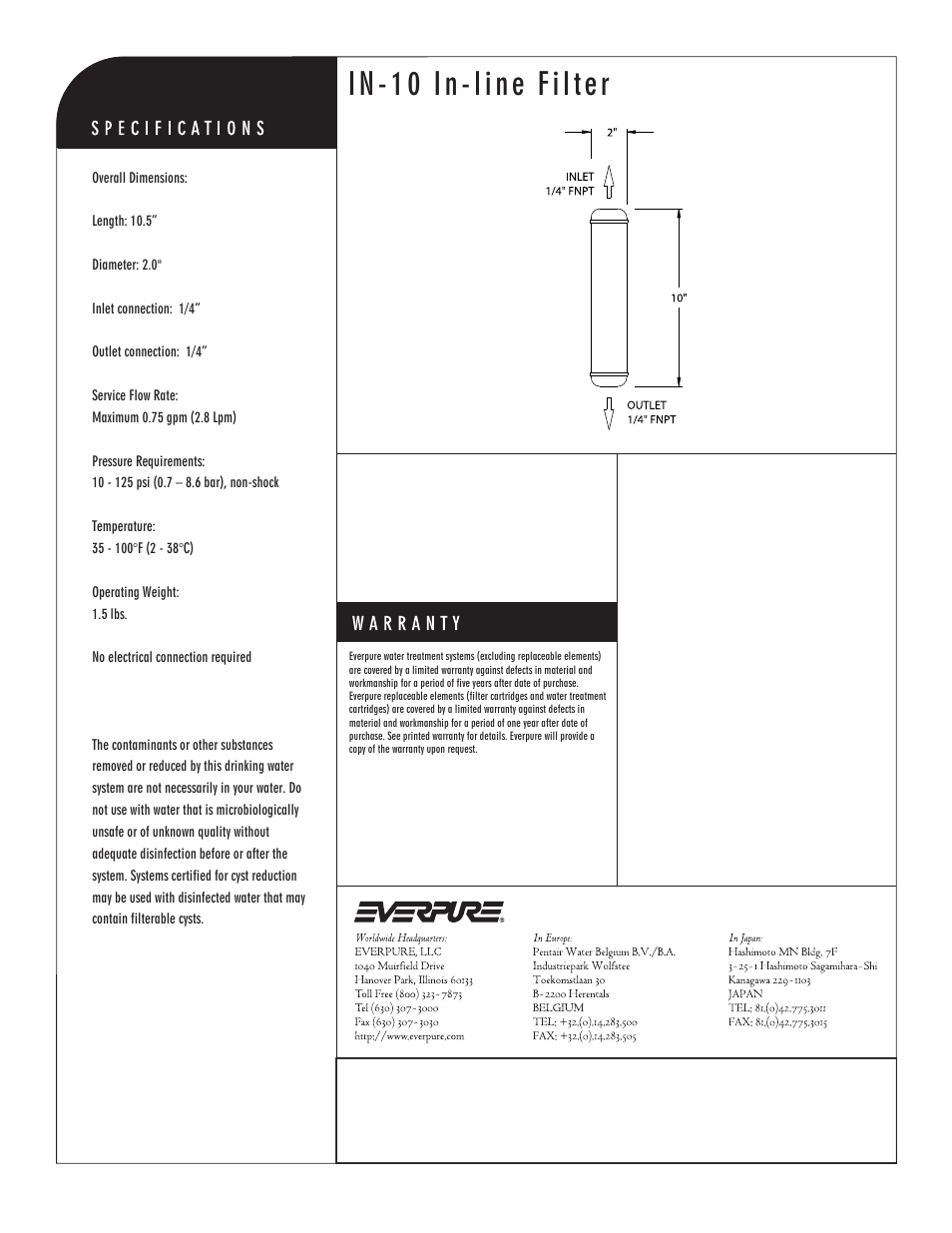 In-10 in-line filter, In-line filter | Everpure IN-10 EV9100-08 User Manual | Page 2 / 2