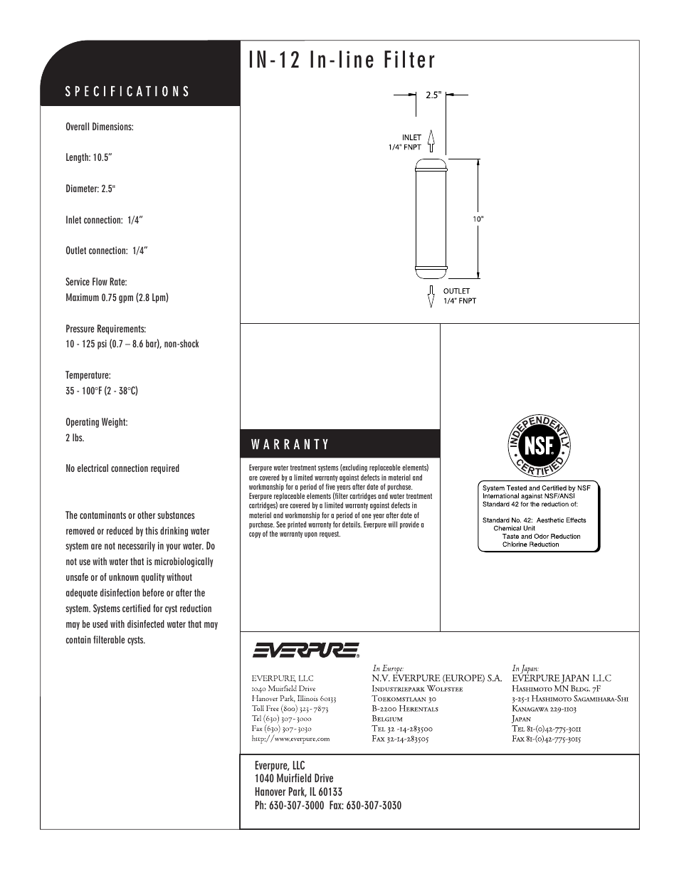 In-12 in-line filter, In-line filter | Everpure IN-12 EV9100-86 User Manual | Page 2 / 2