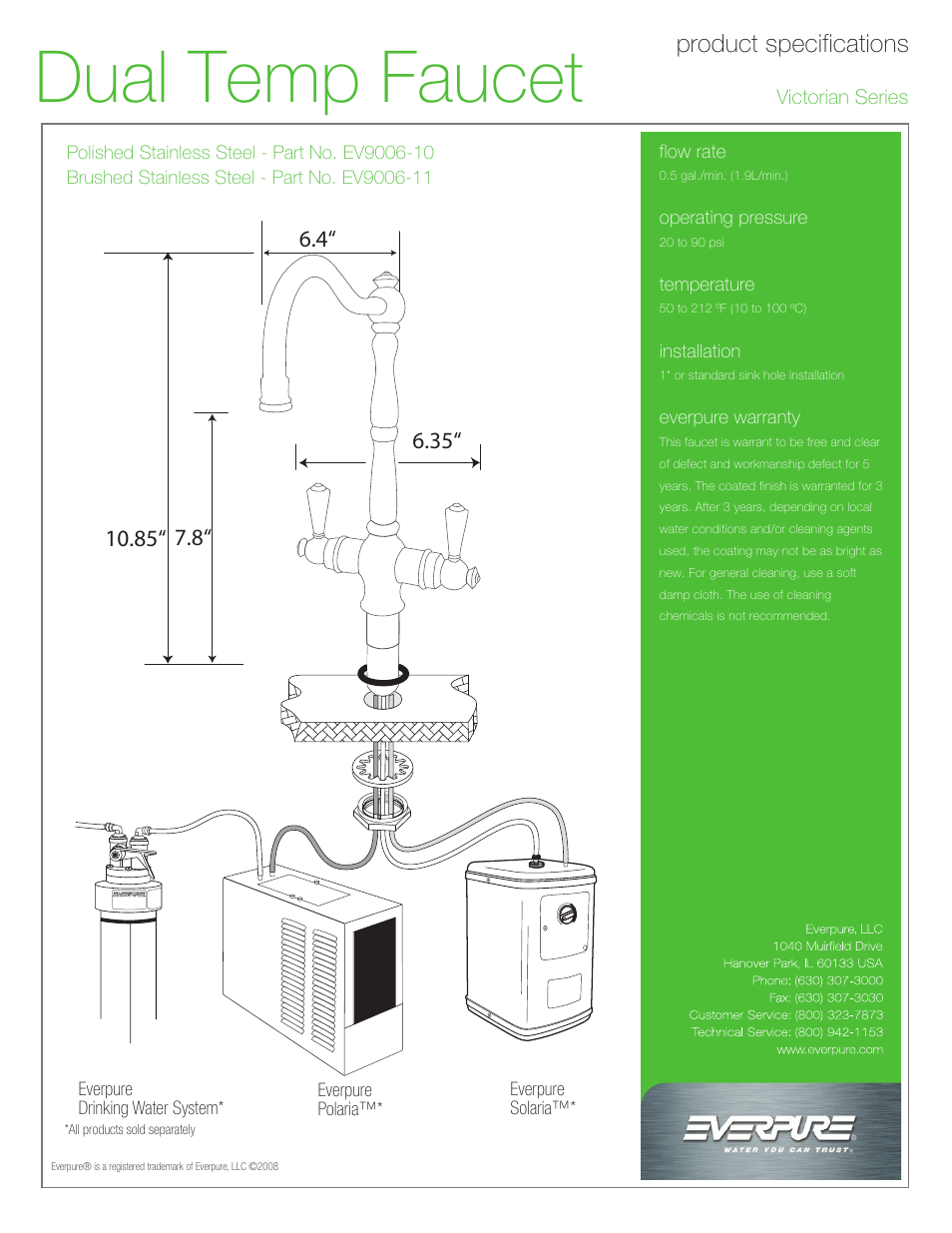 Dual temp faucet, Product specifications | Everpure EV9006-11 User Manual | Page 2 / 2