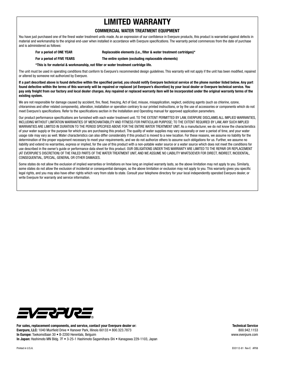 Limited warranty | Everpure Insurice Filter Systems EV3112-81 User Manual | Page 4 / 4