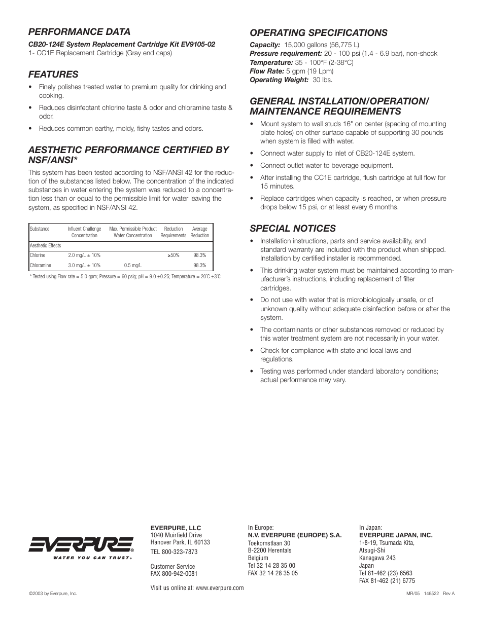 Performance data, Features, Aesthetic performance certified by nsf/ansi | Operating specifications, Special notices | Everpure CB20-124E User Manual | Page 2 / 2