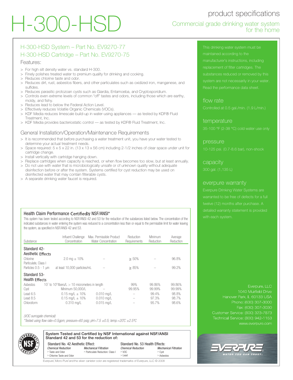 H-300-hsd, Product specifications, Flow rate | Temperature, Pressure, Capacity, Everpure warranty, Features | Everpure H-300-HSD User Manual | Page 2 / 2