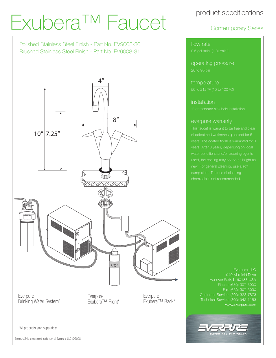 Exubera™ faucet, Product specifications | Everpure Exubera EV9008-31 User Manual | Page 2 / 2