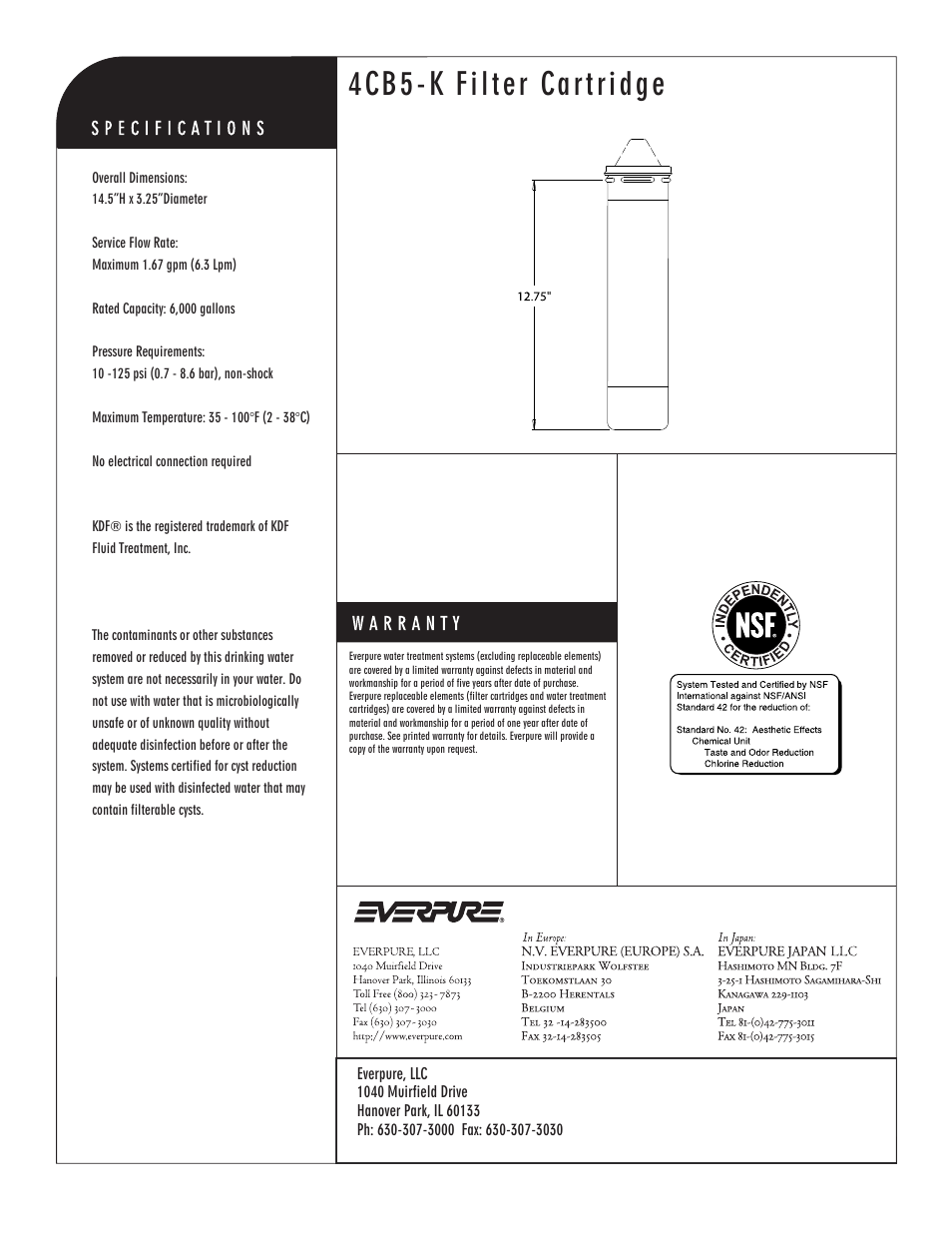 4cb5-k filter cartridge, Carbon block replacement cartridge | Everpure 4CB5-K Filter Cartridge EV9617-36 User Manual | Page 2 / 2