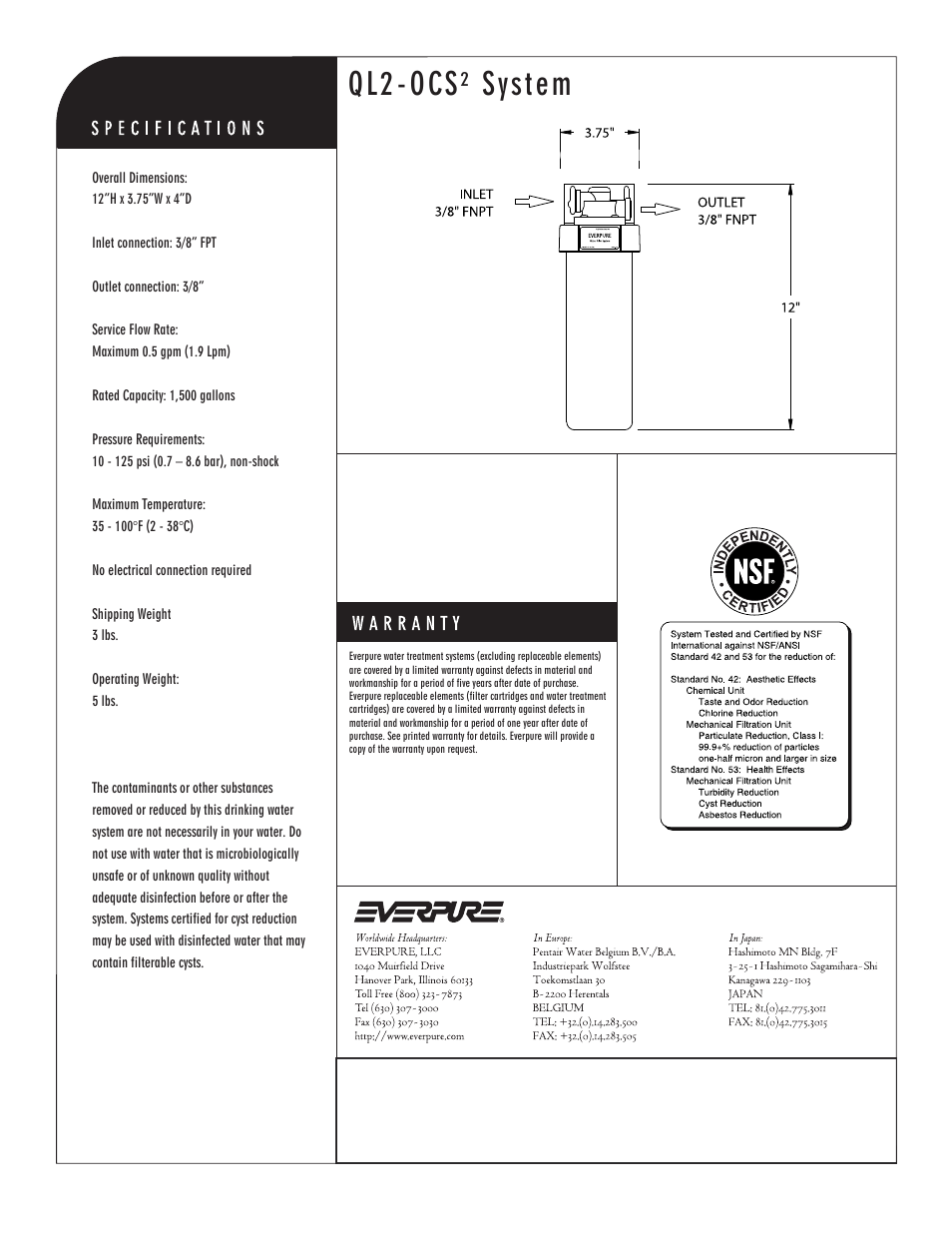 Ql2-ocs² system, Ocs² precoat replacement cartridge | Everpure QL2-OCS EV9275-60 User Manual | Page 2 / 2