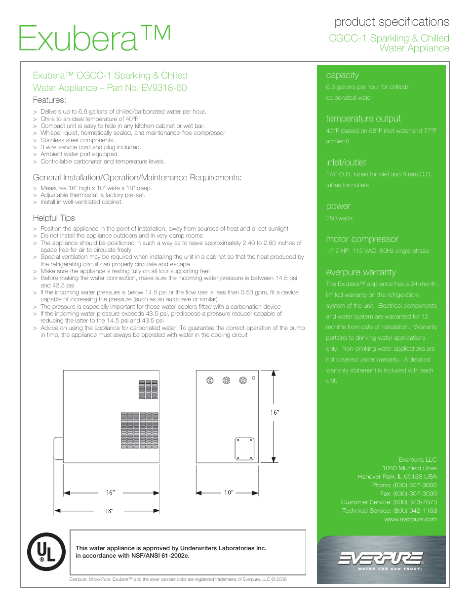 Exubera, Product specifications, Cgcc-1 sparkling & chilled water appliance | Everpure Exubera CGCC-1 User Manual | Page 2 / 2