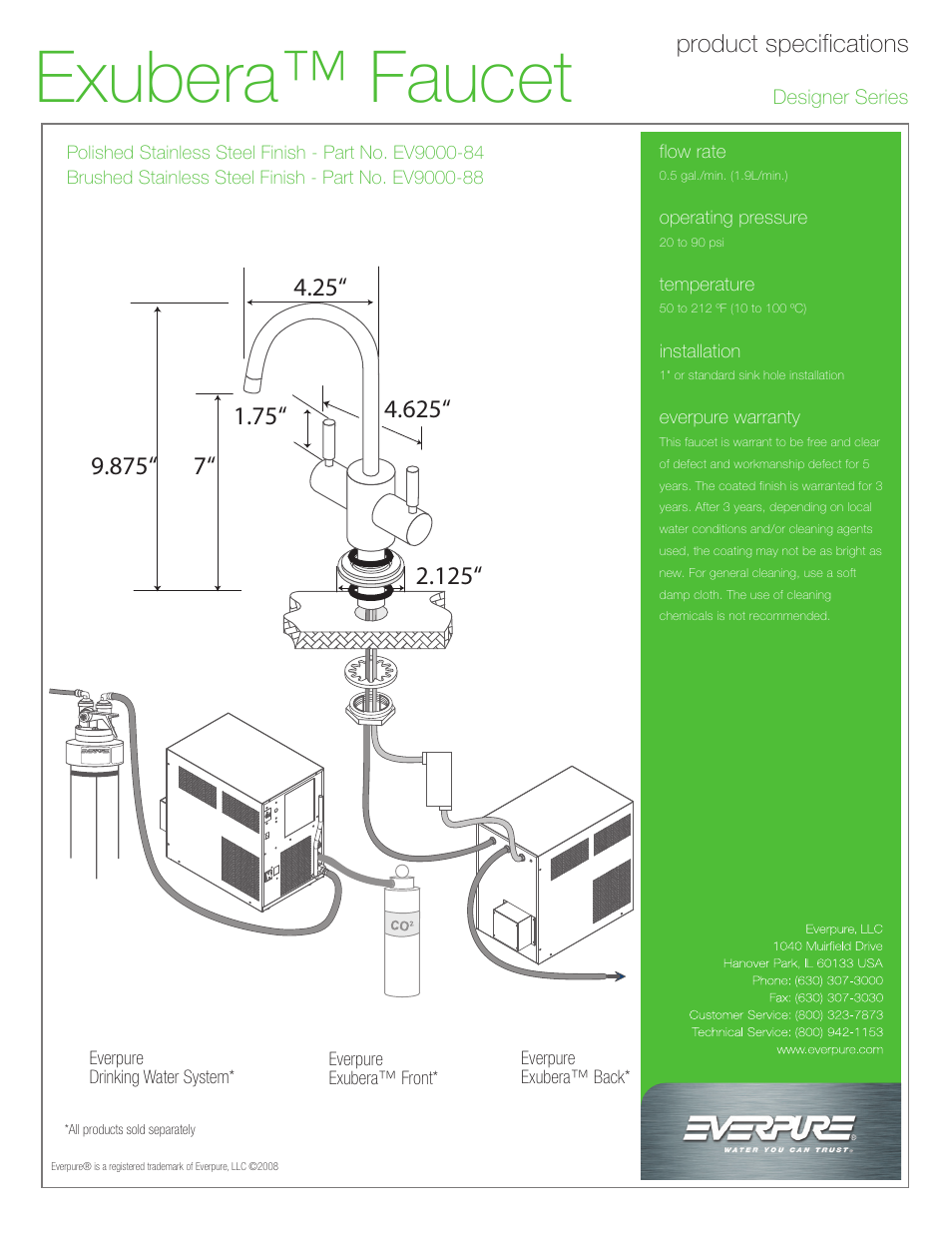 Exubera™ faucet, Product specifications | Everpure Exubera EV9000-88 User Manual | Page 2 / 2