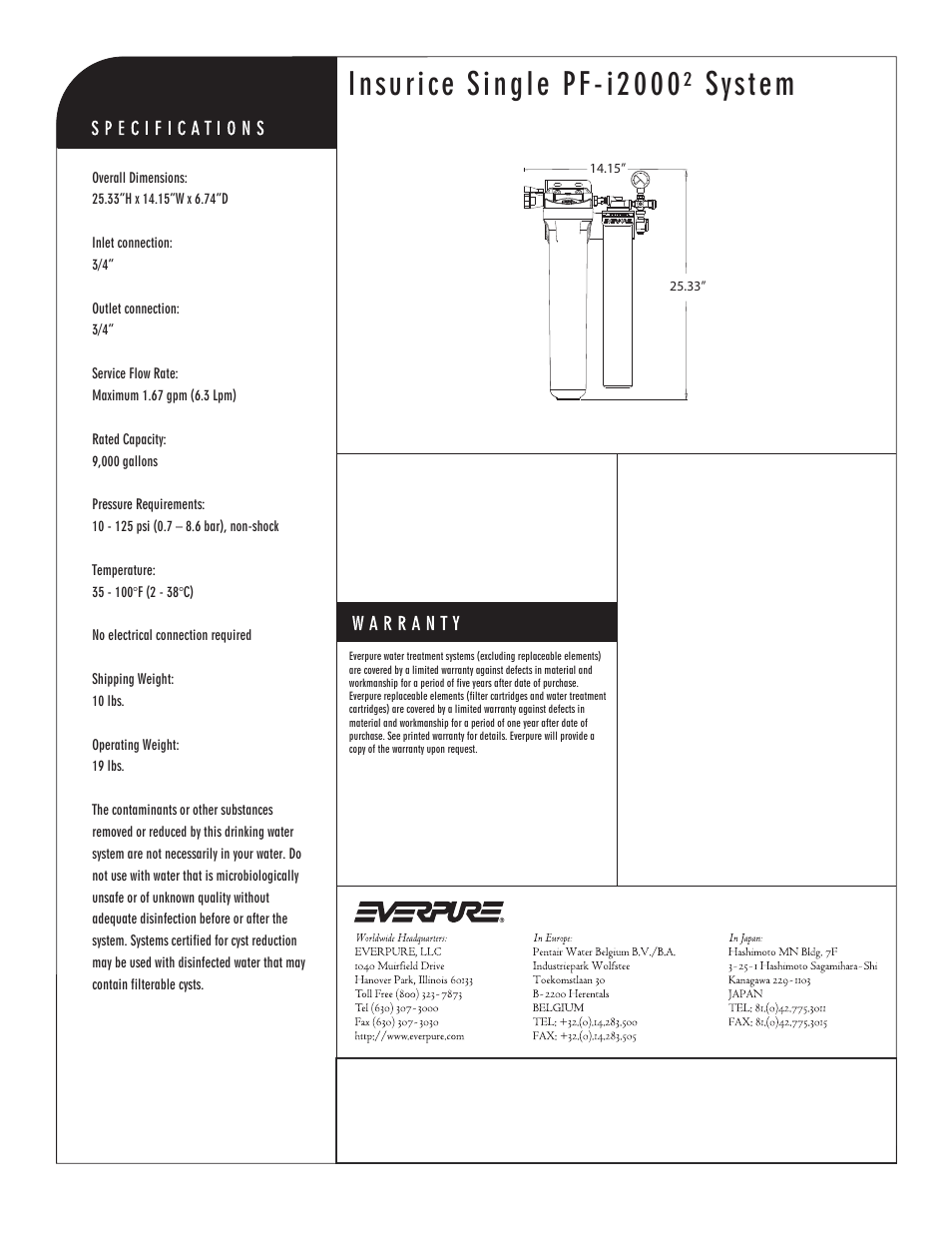 Insurice single pf-i2000² system, I2000² precoat replacement cartridge | Everpure Insurice Single System PF-i2000 User Manual | Page 2 / 2
