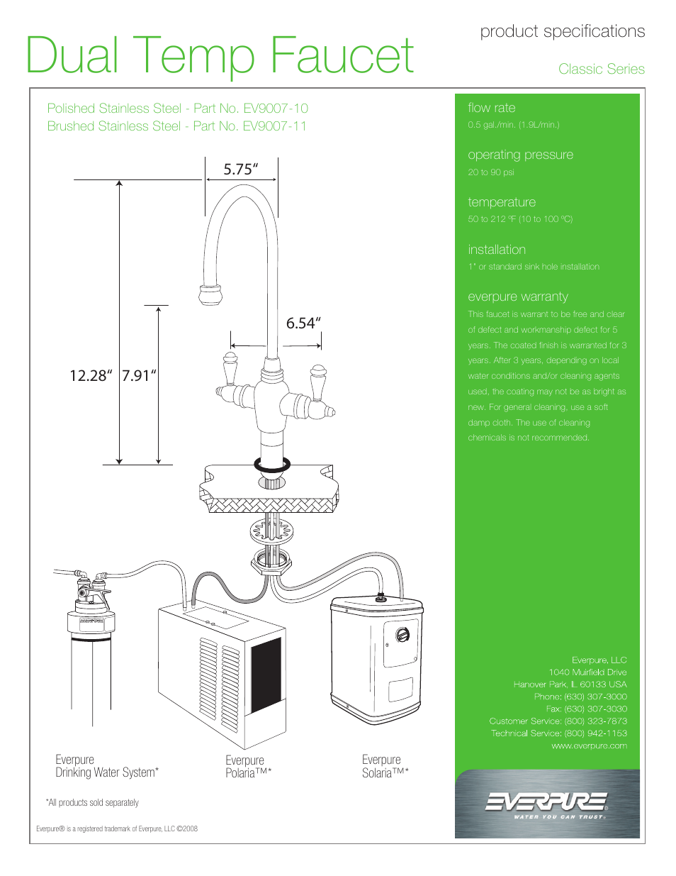 Dual temp faucet, Product specifications | Everpure EV9007-11 User Manual | Page 2 / 2