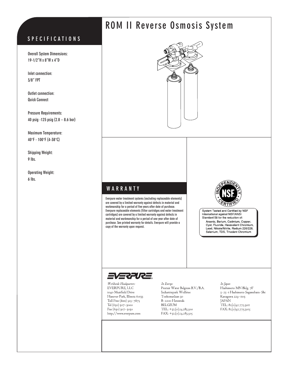 Rom ii reverse osmosis system, Two stage ro system without storage tank | Everpure ROM II Reverse Osmosis System EV9273-75 User Manual | Page 2 / 2