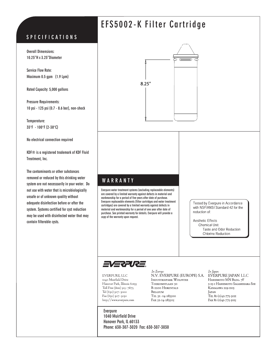 Efs5002-k filter cartridge, Cuno® carbon block replacement cartridge | Everpure Filter Cartridge EV9751-11 User Manual | Page 2 / 2