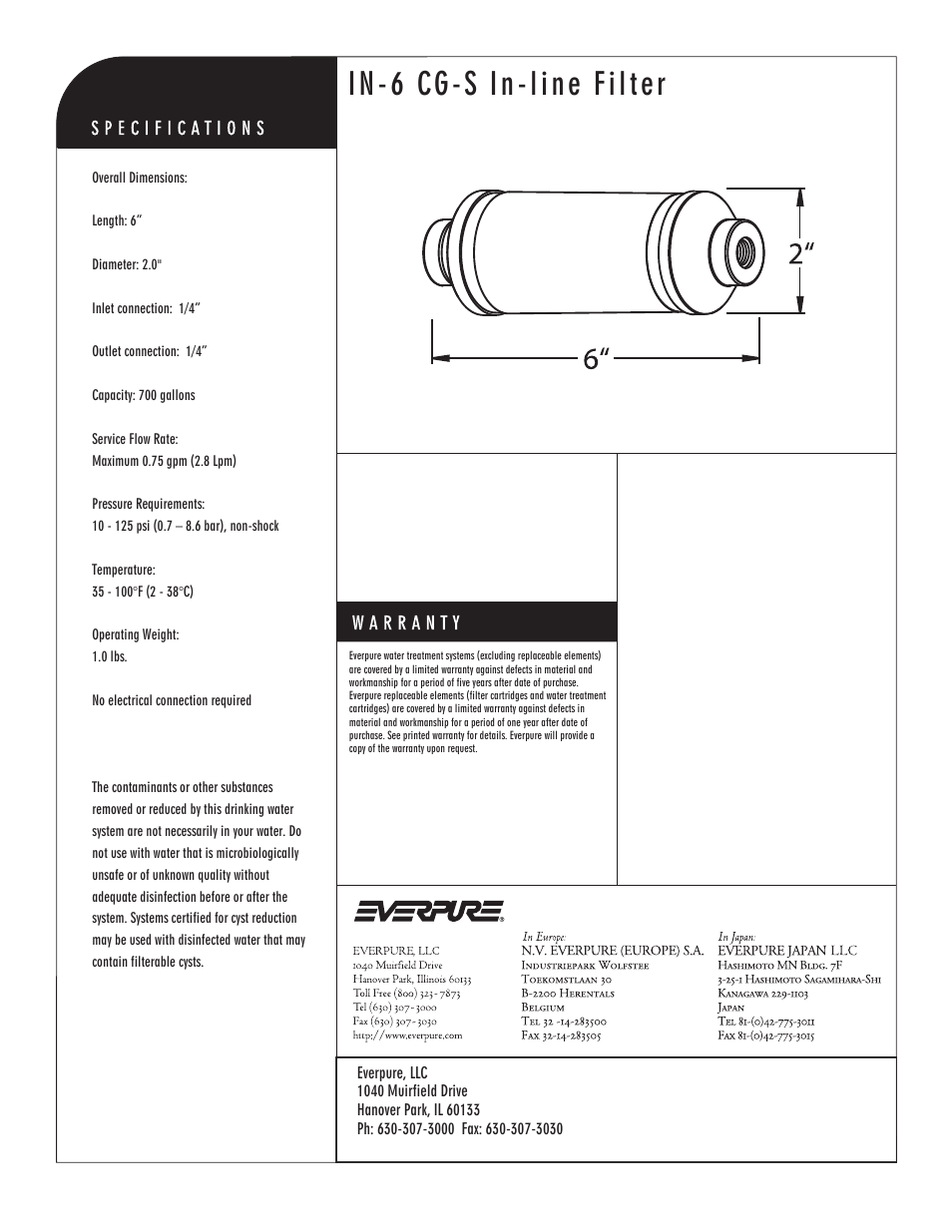In-6 cg-s in-line filter, In-line filter | Everpure IN-6 CG-S EV9100-66 User Manual | Page 2 / 2