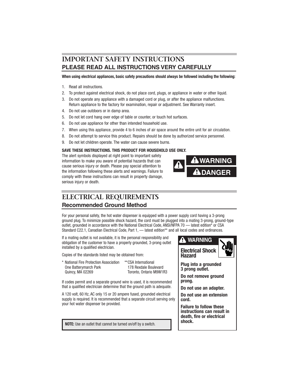 Important safety instructions, Electrical requirements, Warning danger | Everpure CGHE1 User Manual | Page 2 / 8