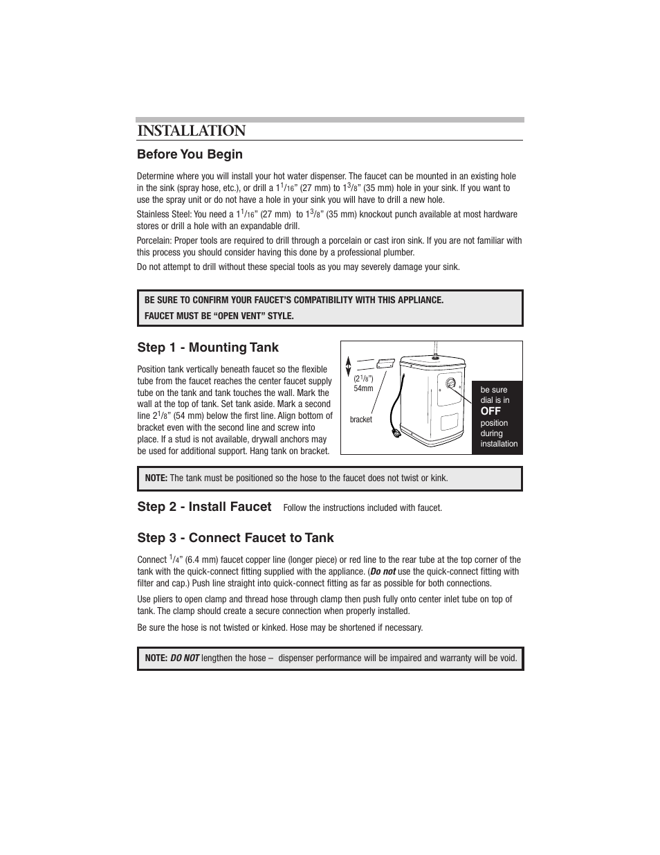 Installation, Step 1 - mounting tank, Step 2 - install faucet | Step 3 - connect faucet to tank, Before you begin | Everpure CGHE1 User Manual | Page 4 / 8