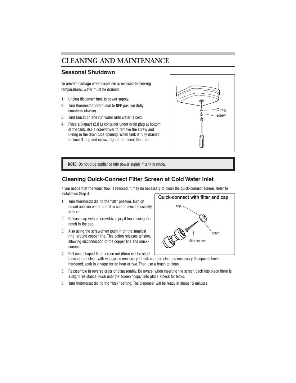 Cleaning and maintenance, Seasonal shutdown | Everpure CGHE1 User Manual | Page 7 / 8